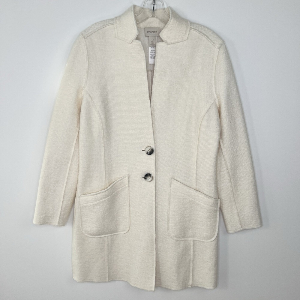 CHICOS Ivory Long Wool Blend Cozy Cottagecore Cardigan Sweater Size 0 = SMALL